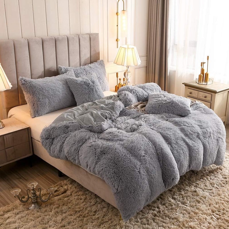 Uhamho Faux Fur Velvet Fluffy Bedding Duvet Cover Set Down Comforter Quilt Cover with Pillow Shams, Ultra Soft Warm and Durable (Queen, Light Gray) - Image 2