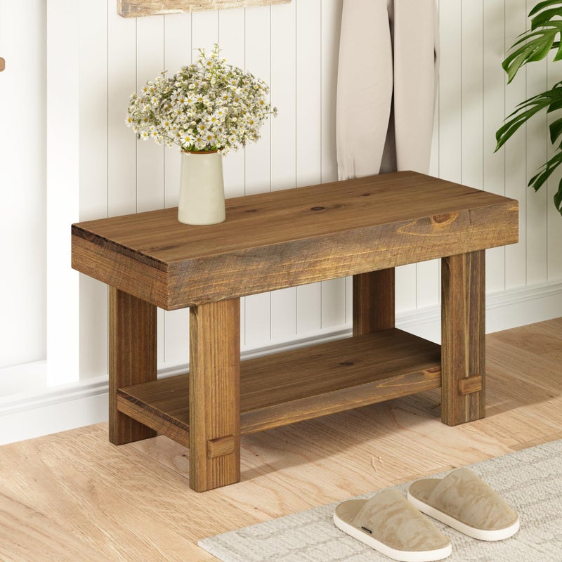 HOKYHOKY Solid Wood Entryway Bench - 31.5" Farmhouse Small Storage Benches, Narrow Bench Seat for Indoor, Entryway, Dining Room, Living Room and Hallway, Rustic Natural - Image 1