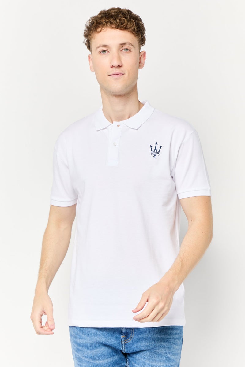 Maserati قميص بولو قصير الأكمام للرجال بتصميم عادي مع شعار العلامة التجارية، أبيض - Image 1