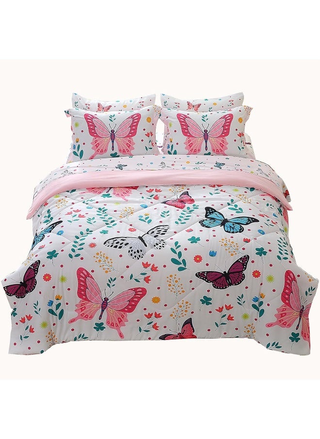 Generic Wajade Big Fluffy Comforter Butterfly Fuzzy Comforter Set Queen Size for Girls Kids Bedding Sets for Girls 7 Pieces Bed in a Bag Colorful Butterflies Flower Leaves Bedding Set All Season Lightweight  - Image 1
