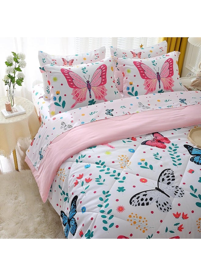 Generic Wajade Big Fluffy Comforter Butterfly Fuzzy Comforter Set Queen Size for Girls Kids Bedding Sets for Girls 7 Pieces Bed in a Bag Colorful Butterflies Flower Leaves Bedding Set All Season Lightweight  - Image 2