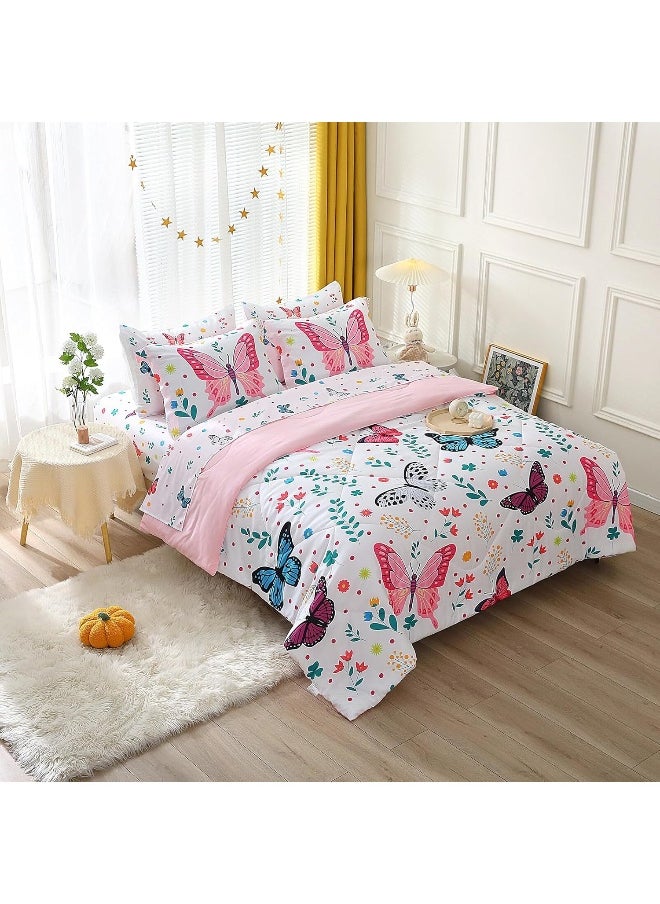 Generic Wajade Big Fluffy Comforter Butterfly Fuzzy Comforter Set Queen Size for Girls Kids Bedding Sets for Girls 7 Pieces Bed in a Bag Colorful Butterflies Flower Leaves Bedding Set All Season Lightweight  - Image 4