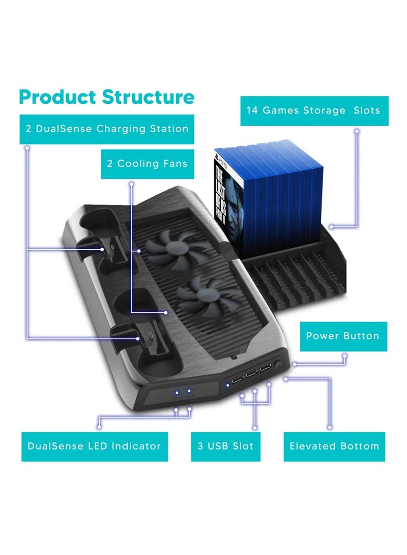 Loquat PS5 ALL-IN-ONE Cooling Fan Base Stand Accessories with Storage Disc Rack and 3 USB Ports Dual Fast Charger Controller Station  - Image 2