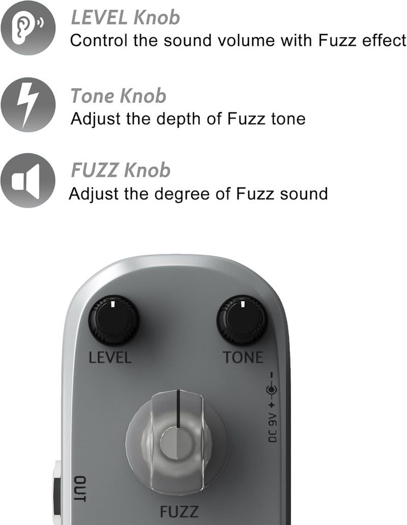 Azor Fuzz Pedal Vintage Mini Guitar Effects Pedal - True Bypass, Aluminum Alloy Chassis, Compact Pedalboard for Electric Guitar/Bass (Stage & Studio Use) - Image 3