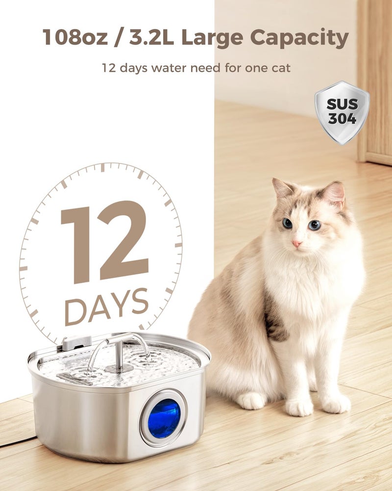 Neareal Cat Water Fountain Stainless Steel - Pet Drinking Fountain for Cats Indoor - 3.2L/108oz Automatic Water Dispenser with Watering Level Window (1 Filter) - Image 2