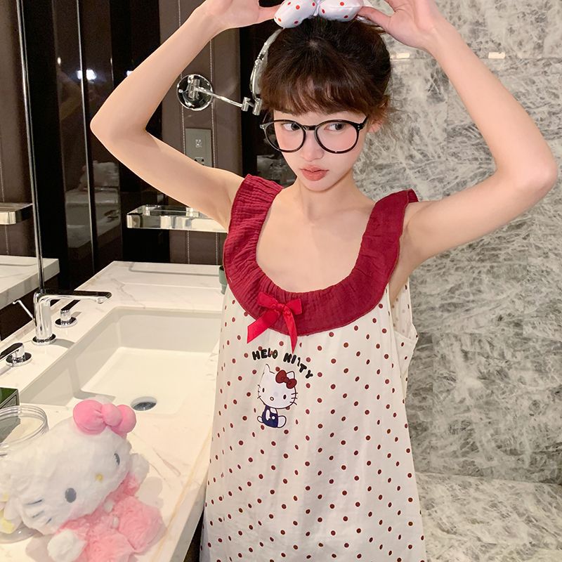 With Chest Pad Pure Cotton Nightgown Women'S Summer Pajamas Sleeveless New Cute Sweet Baby Cotton Yarn Kt Cat Internet Popular Home Clothes - Image 3