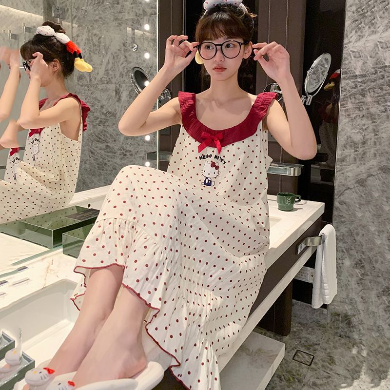 With Chest Pad Pure Cotton Nightgown Women'S Summer Pajamas Sleeveless New Cute Sweet Baby Cotton Yarn Kt Cat Internet Popular Home Clothes - Image 2