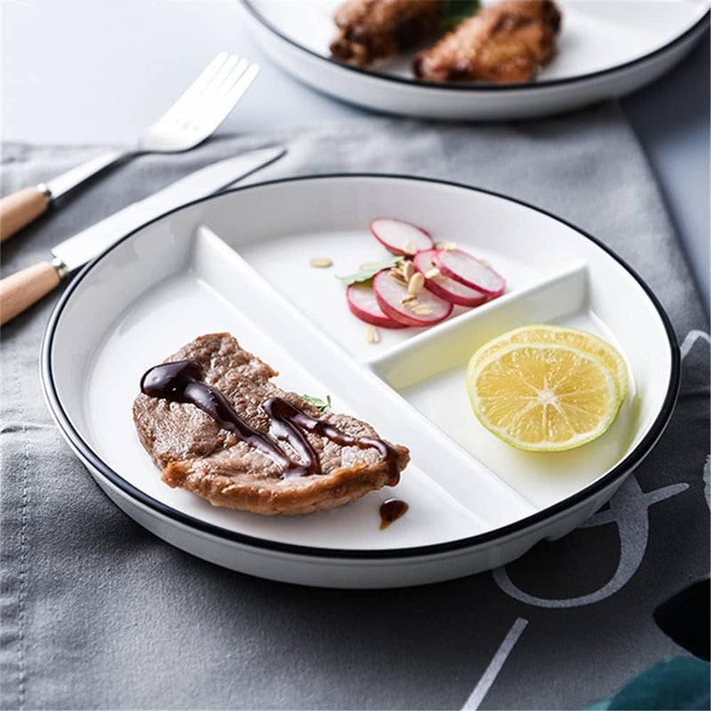 OnePine 1Pcs Ceramic Portion Control Plate Porcelain Healthy Eating Plate 8 inch Round Diet Plates Divided Plates Porcelain Dinner Plates with 3 Compartment for Dessert Salad Pasta and Steak etc - Image 4