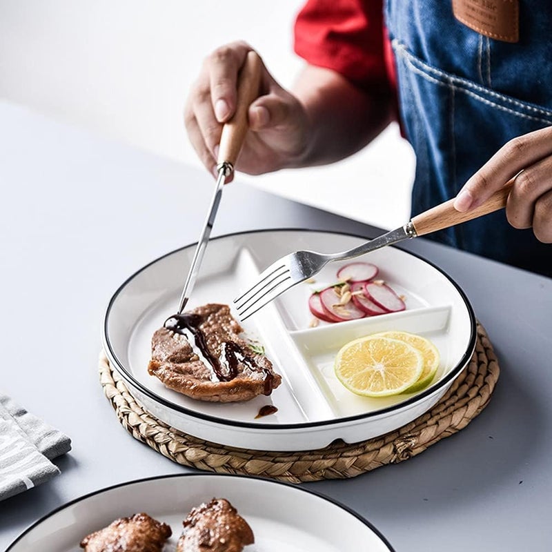 OnePine 1Pcs Ceramic Portion Control Plate Porcelain Healthy Eating Plate 8 inch Round Diet Plates Divided Plates Porcelain Dinner Plates with 3 Compartment for Dessert Salad Pasta and Steak etc - Image 5