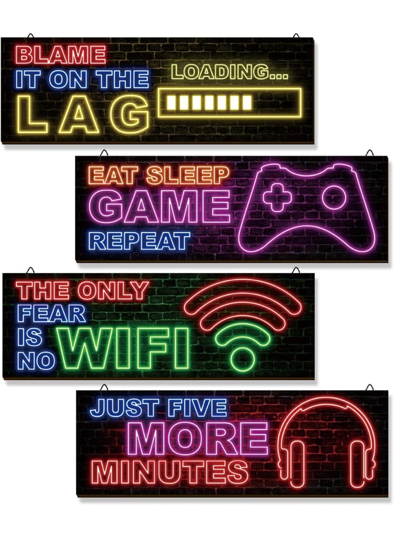 4 Pcs Neon Gaming Decor for Boys Room Wooden Video Game Wall Art Motivational Quote Gamer Hanging Plaques Inspirational Wall Decor for Boys Kids Room Bedroom Playroom Decorations (Large) - Image 1