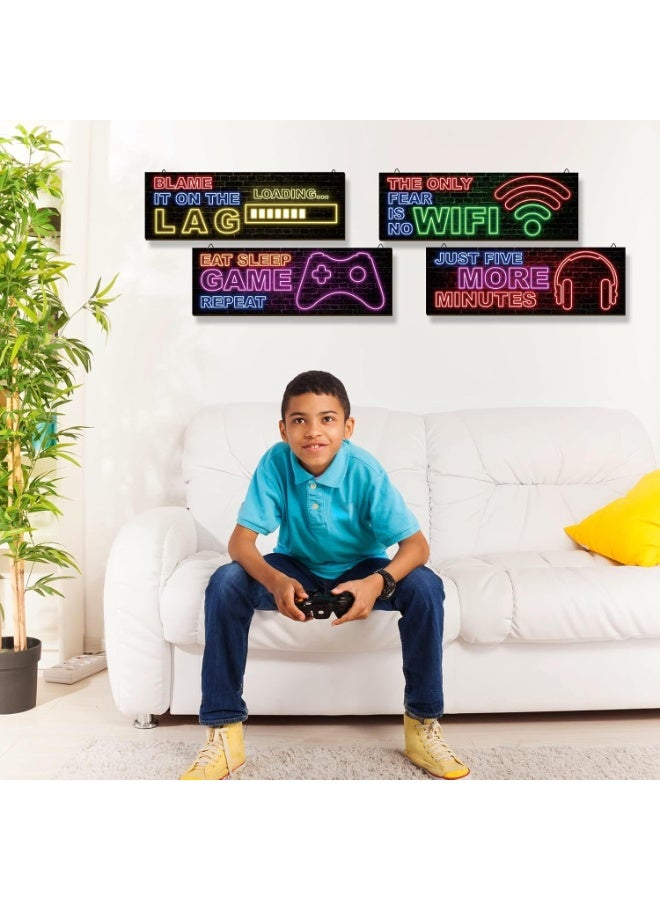 4 Pcs Neon Gaming Decor for Boys Room Wooden Video Game Wall Art Motivational Quote Gamer Hanging Plaques Inspirational Wall Decor for Boys Kids Room Bedroom Playroom Decorations (Large) - Image 2