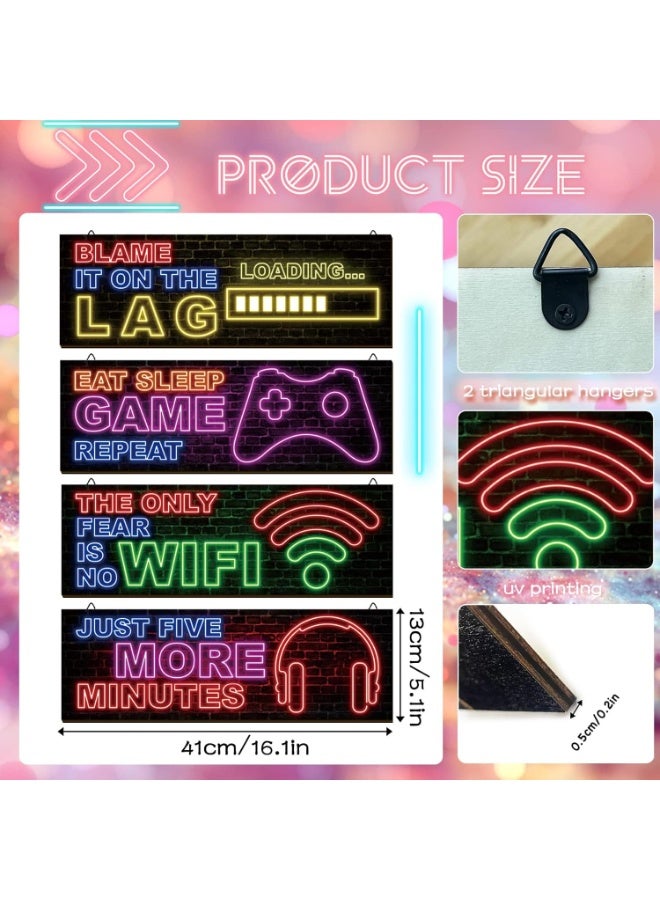 4 Pcs Neon Gaming Decor for Boys Room Wooden Video Game Wall Art Motivational Quote Gamer Hanging Plaques Inspirational Wall Decor for Boys Kids Room Bedroom Playroom Decorations (Large) - Image 3