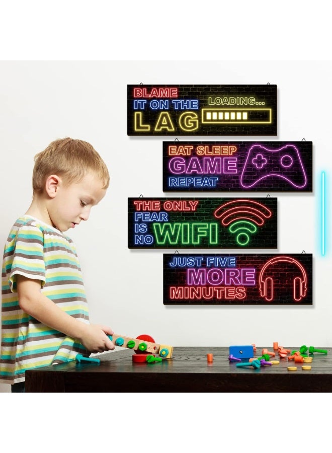 4 Pcs Neon Gaming Decor for Boys Room Wooden Video Game Wall Art Motivational Quote Gamer Hanging Plaques Inspirational Wall Decor for Boys Kids Room Bedroom Playroom Decorations (Large) - Image 4