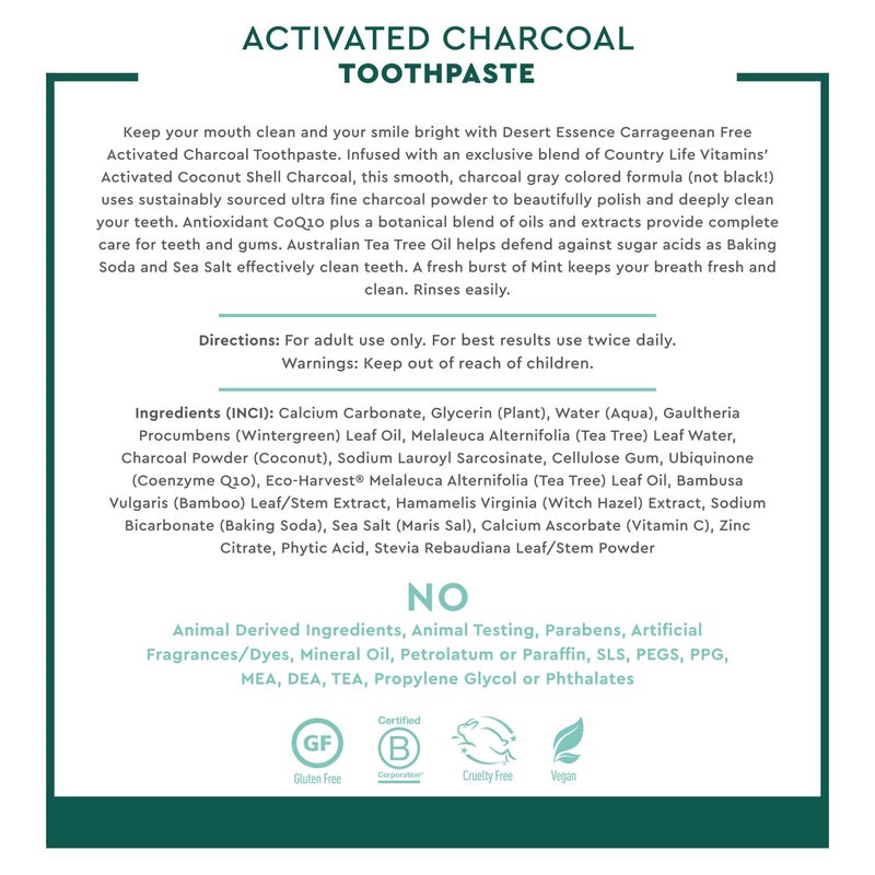Desert Essence Activated Charcoal Toothpaste - Fluoride and Carrageenan Free - Brighter Teeth and Fresher Breath with Activated Coconut Shell Charcoal, Baking Soda, and Fresh Mint - 6.25 oz - Image 3