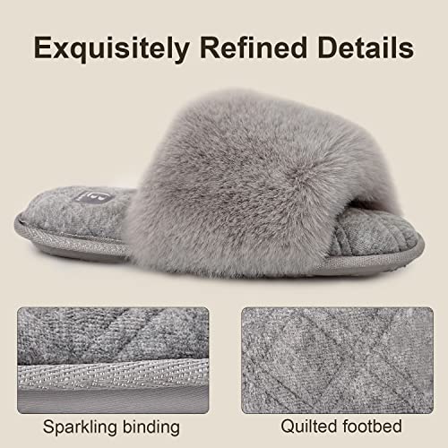 LongBay Women's Open Toe Slippers Fuzzy Fluffy Memory Foam Comfy Slip On Indoor Bedroom Home Slide (Large/ 9-10, Gray) - Image 3