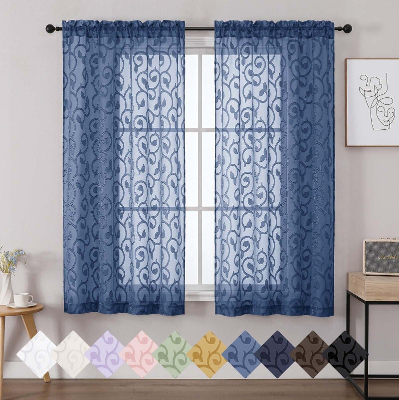 WelvetBLK Sheer Dusty Blue Curtains for Bedroom Living Room 63 Inch Length 2 Panels Set, Soft Airy Light Filtering Geometric Jacquard Clip Curtains Drapes, Modern Rod Pocket, 2Pcs 42" Wx63 L Inch - Image 1
