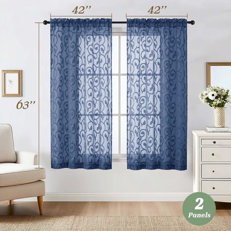 WelvetBLK Sheer Dusty Blue Curtains for Bedroom Living Room 63 Inch Length 2 Panels Set, Soft Airy Light Filtering Geometric Jacquard Clip Curtains Drapes, Modern Rod Pocket, 2Pcs 42" Wx63 L Inch - Image 5