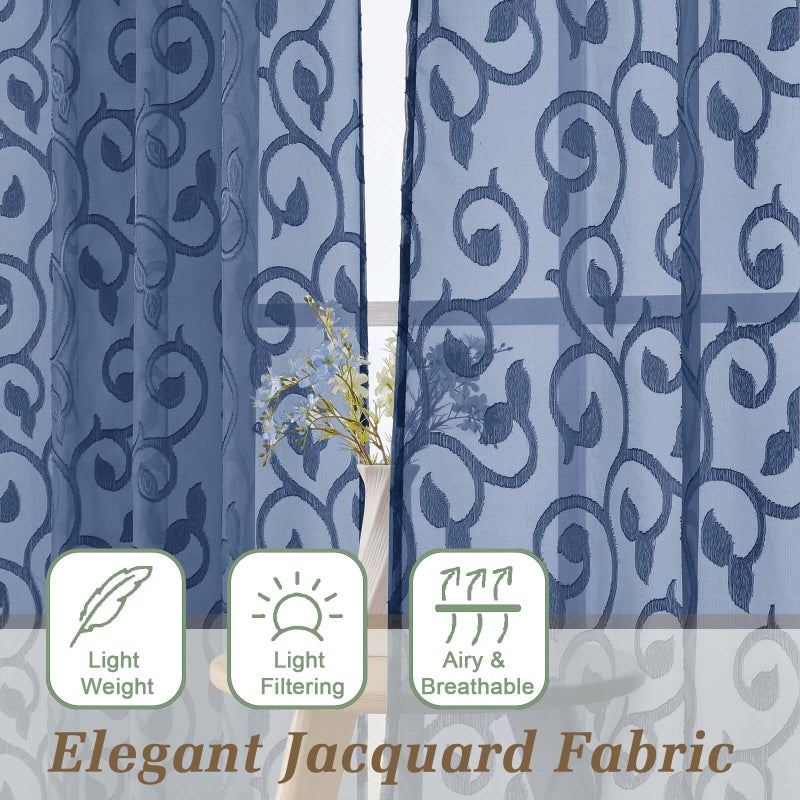 WelvetBLK Sheer Dusty Blue Curtains for Bedroom Living Room 63 Inch Length 2 Panels Set, Soft Airy Light Filtering Geometric Jacquard Clip Curtains Drapes, Modern Rod Pocket, 2Pcs 42" Wx63 L Inch - Image 2