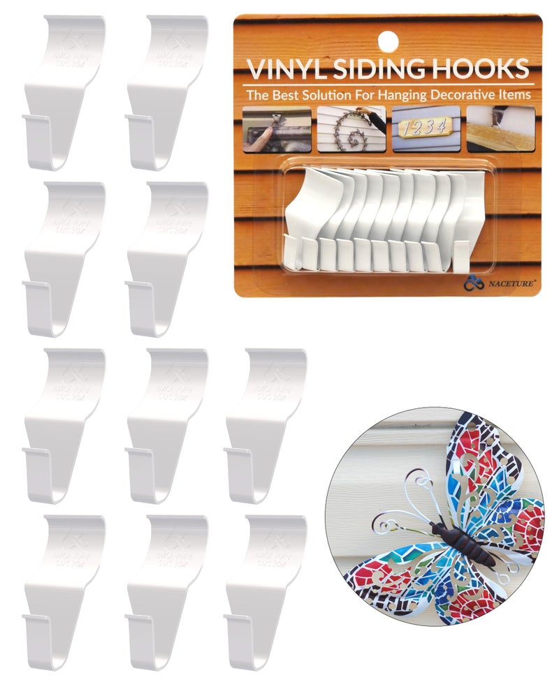 NACETURE Vinyl Siding Hooks 10 Pack White Heavy Duty Stainless Steel No Drill Holds up to 18 lb per Hook for Outdoor Decor
