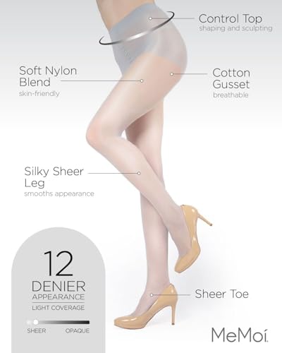MeMoi Shimmer Sheer Pantyhose, Comfortable Control Top Pantyhose, Lightweight Nylons for Women - Sizes Small to X-Large, Silver, X-Large - Image 3