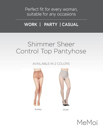 MeMoi Shimmer Sheer Pantyhose, Comfortable Control Top Pantyhose, Lightweight Nylons for Women - Sizes Small to X-Large, Silver, X-Large - Image 2