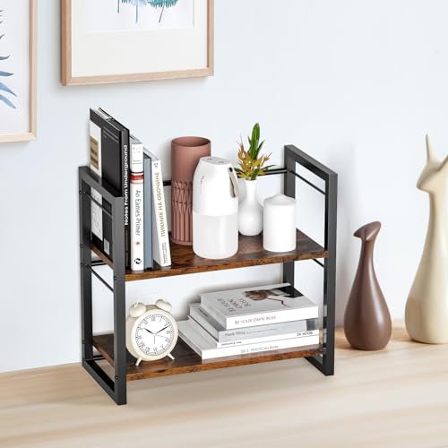 ART-GIFTREE Office Desk Shelf Organizer, Wood Desktop Bookshelf Supplies Storage Rack, Shelf for Top of Desk and Dresser (Brown-2 Tier) - Image 2