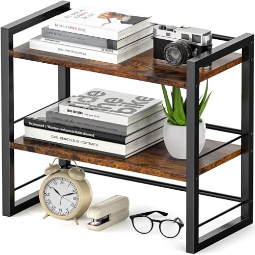 ART-GIFTREE Office Desk Shelf Organizer, Wood Desktop Bookshelf Supplies Storage Rack, Shelf for Top of Desk and Dresser (Brown-2 Tier) - Image 1