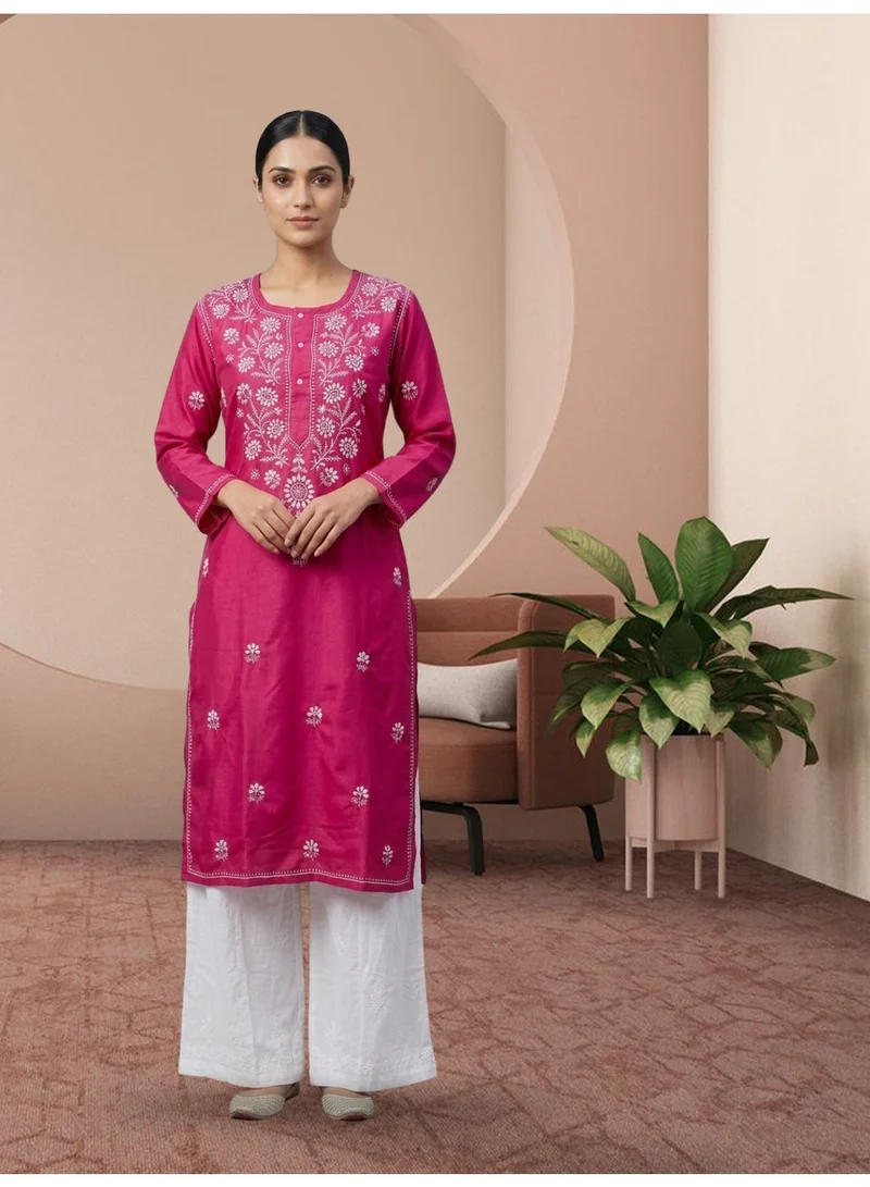 Alaya Hotpink Hand Embroidered Chikankari Cotton Kurta-ALNTV115 for Women | Best Price UAE