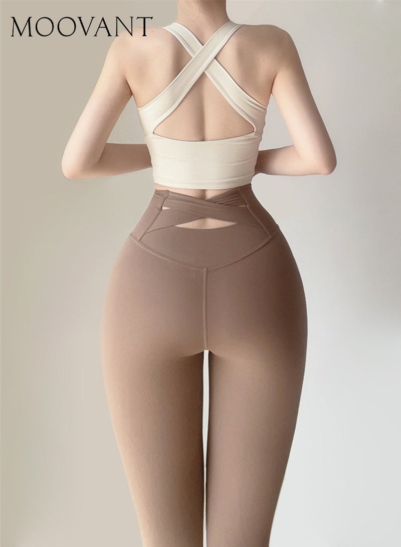 Moovant Bootcut Yoga Pants for Women, High Waist Belly Lift Hip Leggings, Slim-fit Casual Pants Trousers, Solid Color Sports Tights, Brown  - Image 4