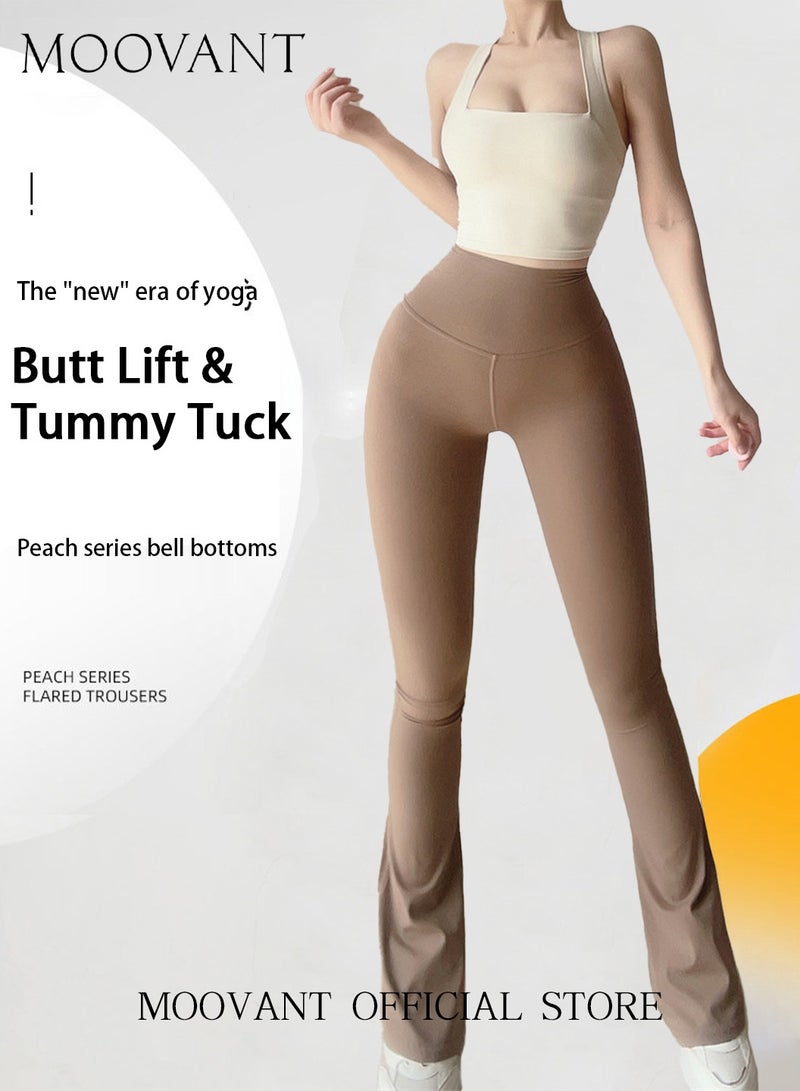 Moovant Bootcut Yoga Pants for Women, High Waist Belly Lift Hip Leggings, Slim-fit Casual Pants Trousers, Solid Color Sports Tights, Brown  - Image 1