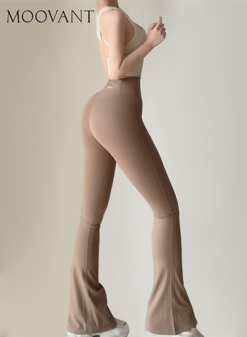Moovant Bootcut Yoga Pants for Women, High Waist Belly Lift Hip Leggings, Slim-fit Casual Pants Trousers, Solid Color Sports Tights, Brown  - Image 2
