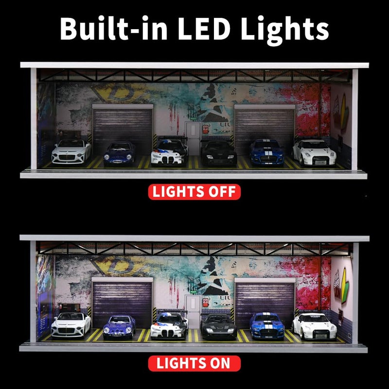 G-FANS 1/64 Scale Hot die-cast Wheels Model car scenarios Display case with LED Light and Acrylic Cover, Scenes Parking lot Diorama Storage Garage Box with 6 Parking Spaces (JDM) - Image 3