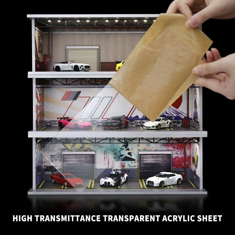 G-FANS 1/64 Scale Hot die-cast Wheels Model car scenarios Display case with LED Light and Acrylic Cover, Scenes Parking lot Diorama Storage Garage Box with 6 Parking Spaces (JDM) - Image 5
