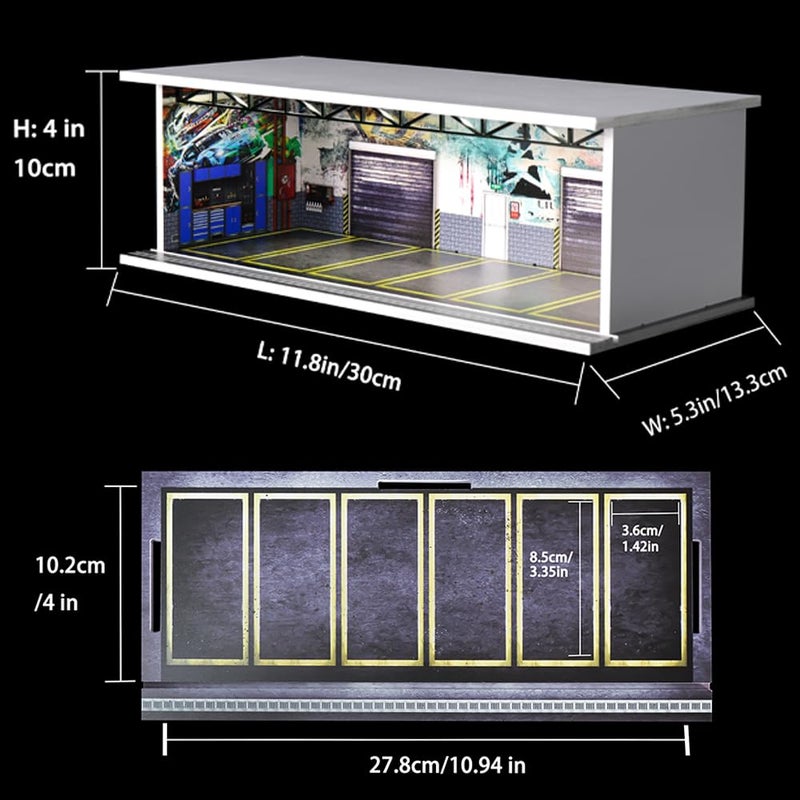 G-FANS 1/64 Scale Hot die-cast Wheels Model car scenarios Display case with LED Light and Acrylic Cover, Scenes Parking lot Diorama Storage Garage Box with 6 Parking Spaces (JDM) - Image 2
