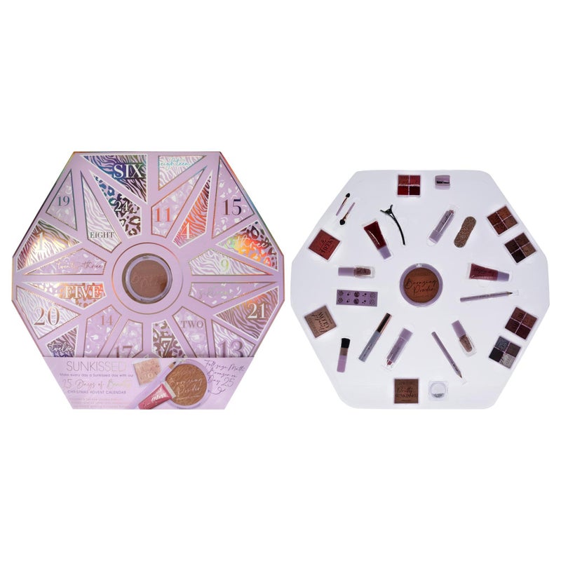 Sunkissed Christmas 25 Days of Beauty - Face, Lips and Eye Makeup - 2 Nail Polishes and 3 Cosmetic Brush Applicators - Vegan Formula - 25 Makeup Products and Accessories - 1 pc Gift Set - Image 1