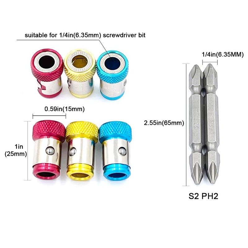 JFOGO 6 Pieces Magnetic Screw Ring With 2 Pieces Ph2 Screwdriver Bit Set,Magnetizer Screw Removable For 1/4 Inch/6.35mm Hex Screwdriver and Power Bits (MIX) - Image 2