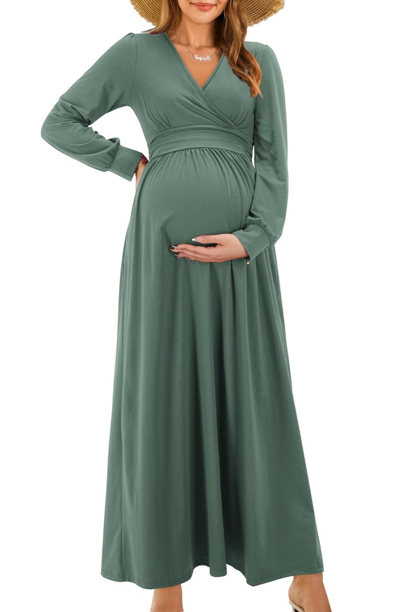 OUGES Fall Maternity Maxi Dresses Long Sleeve Wrap V Neck Baby Shower Dress Maternity Clothes 2025(Gray Green,S) - Image 1
