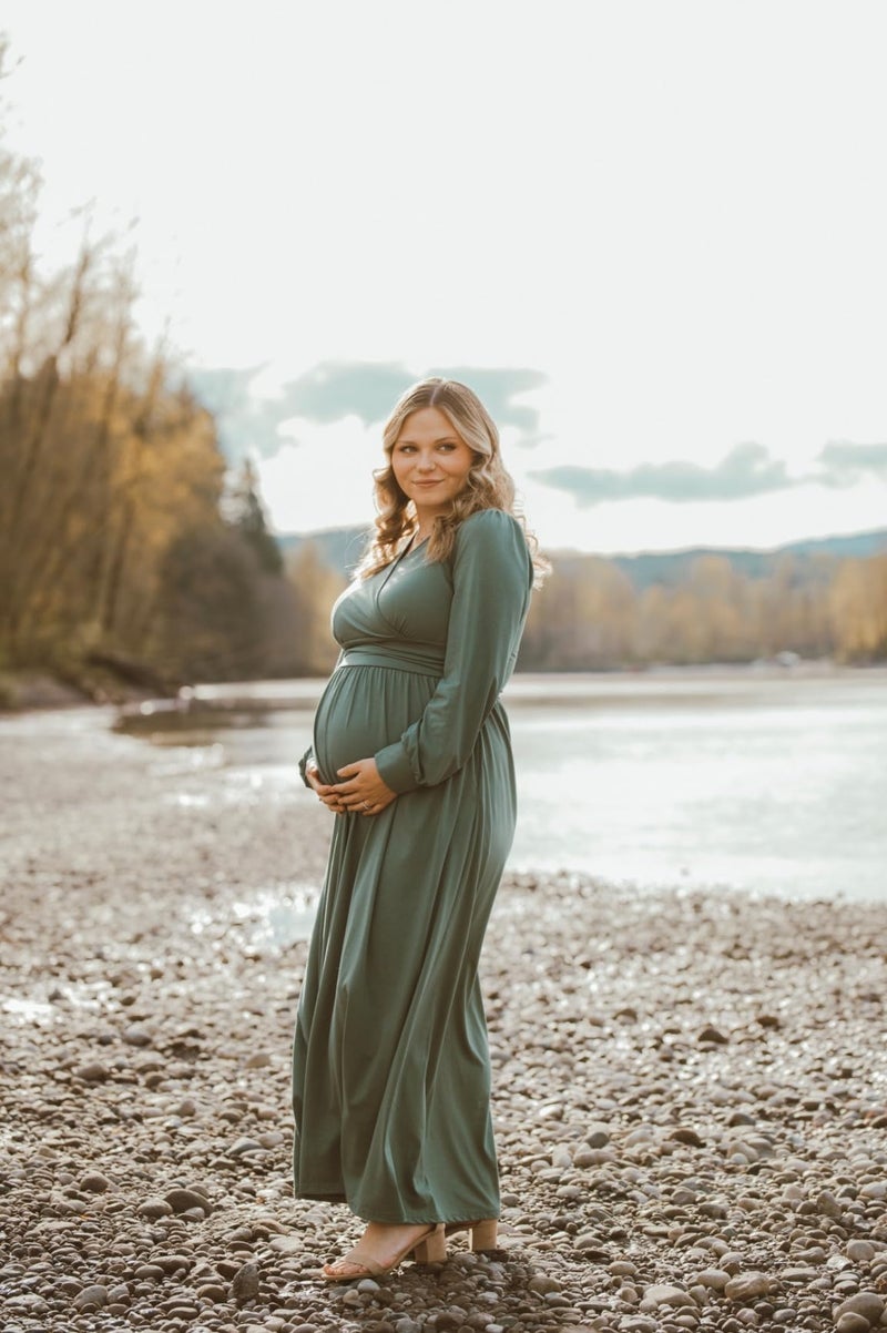 OUGES Fall Maternity Maxi Dresses Long Sleeve Wrap V Neck Baby Shower Dress Maternity Clothes 2025(Gray Green,S) - Image 2