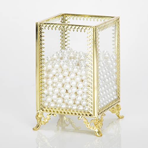HKS Makeup Brush Holder Vintage Glass Handmade Organizer with White Pearls for Nail Brush, Vanity, Bathroom, Dresser, Countertop - Gold - Image 3