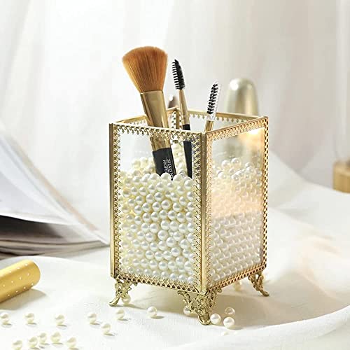 HKS Makeup Brush Holder Vintage Glass Handmade Organizer with White Pearls for Nail Brush, Vanity, Bathroom, Dresser, Countertop - Gold - Image 1