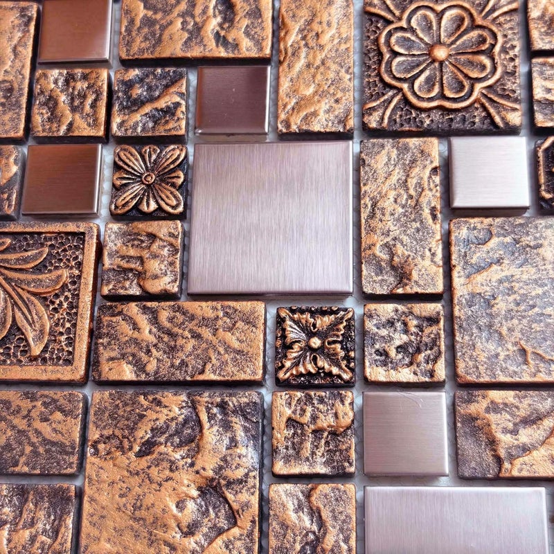 Hominter Bronze & Brushed Metal Mosaic Tile Copper Textured Resin Decorative Wall Backsplash for Kitchen Backsplash, Bathroom Wall, Fireplace Surrounds (5 Square Feet) - Image 5