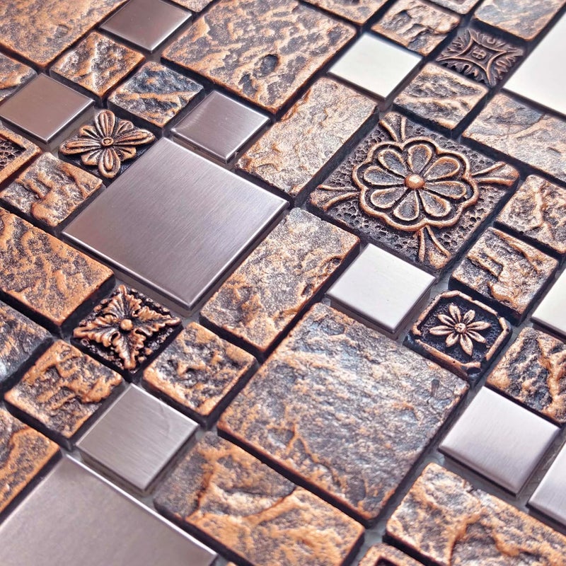 Hominter Bronze & Brushed Metal Mosaic Tile Copper Textured Resin Decorative Wall Backsplash for Kitchen Backsplash, Bathroom Wall, Fireplace Surrounds (5 Square Feet) - Image 1