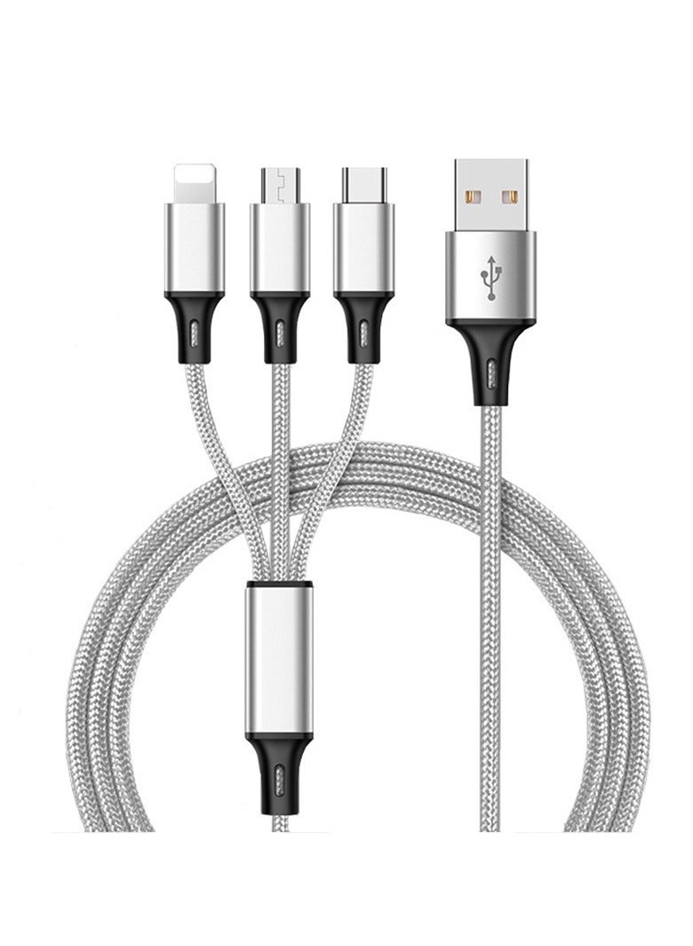 كابل شحن سريع USB 3 في 1، بقوة 66 واط، سلك شحن فائق السرعة عالمي للهواتف الذكية والأجهزة اللوحية والمزيد، كابل شحن سريع من النايلون المتين بطول 1.2 متر (فضي)