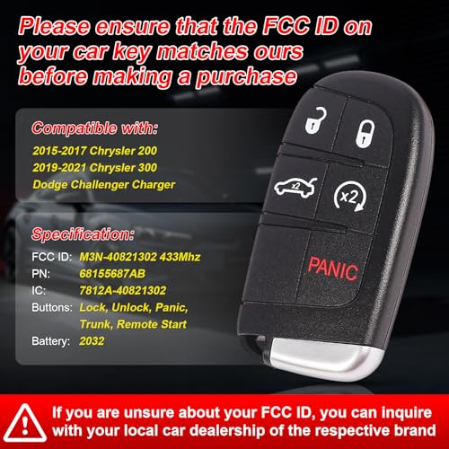 TXROMTZ Key Fob Replacement Compatible with 2011-2018 Chrysler 300 Dodge Charger 2015-2018 Challenger 2014-2016 Dart Smart Key Fob Remote Control Replaces M3N-40821302 433MHz 68155687AB 5 Buttons - Image 3