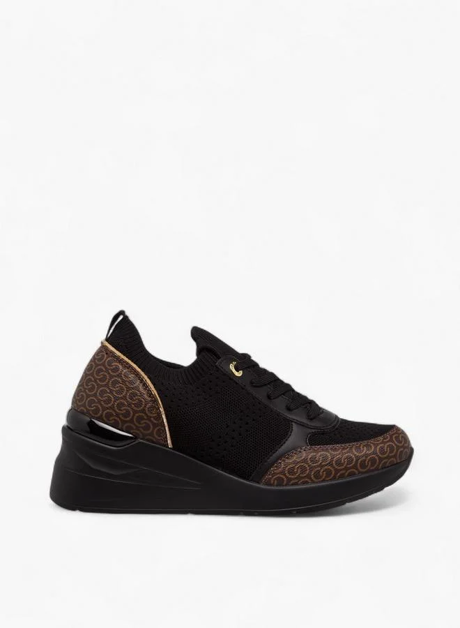 سيليست Women's Monogram Print Lace-Up Sneakers with Wedge Heel