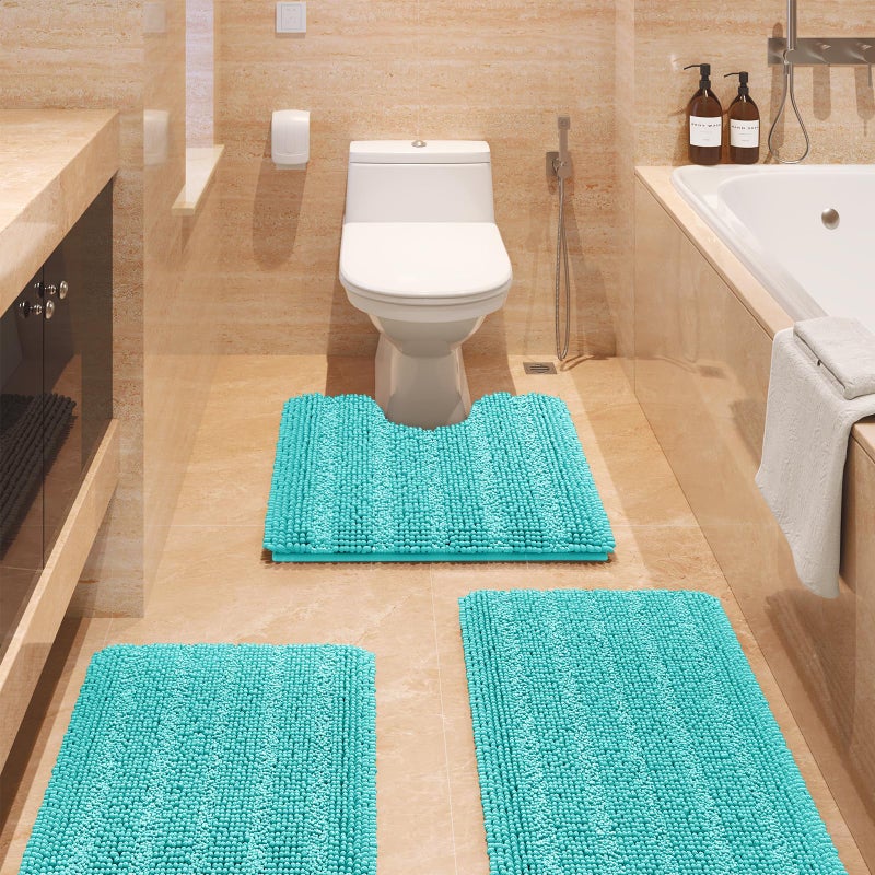ACCUMTEK Striped Teal Green Bathroom Rug Set 3 Pieces Ultra Soft Non Slip Chenille Toilet Mat Absorbent Plush Shaggy Bath Mats for Bathroom Bedroom Kitchen Turquoise
