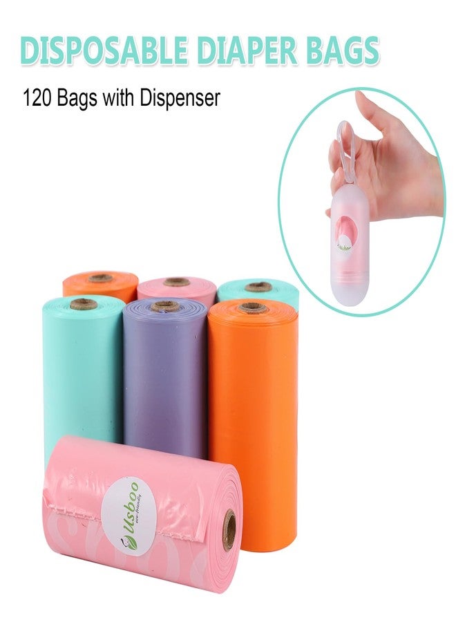 USBOO Diaper Bags Disposable for Baby, 8 Refill Rolls/120 Bags Dirty Disposable Diaper Bags with Dispenser, Convenient and Quick Diaper Disposal, Poop Bags,Rainbow - Image 5