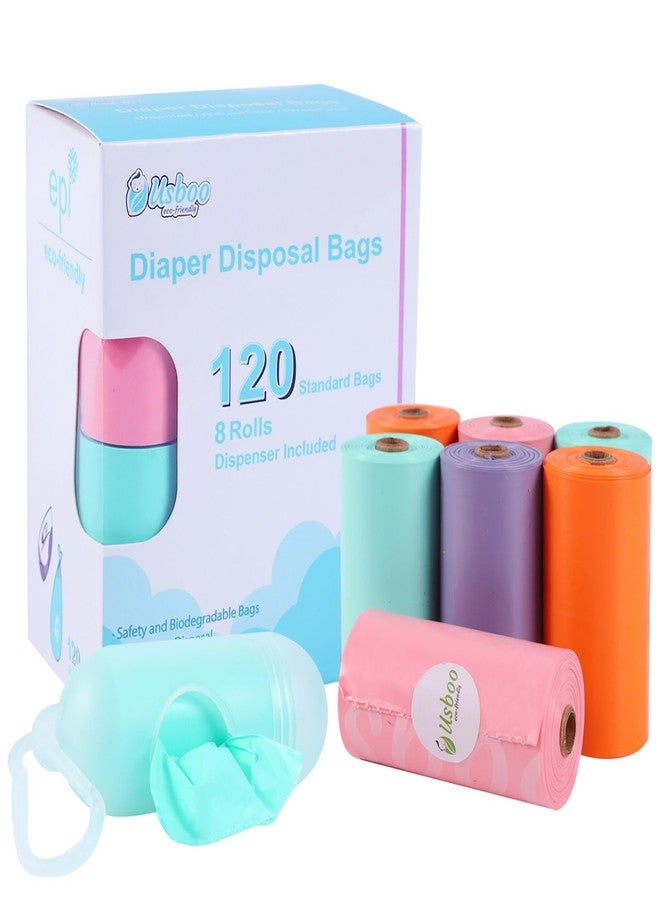 USBOO Diaper Bags Disposable for Baby, 8 Refill Rolls/120 Bags Dirty Disposable Diaper Bags with Dispenser, Convenient and Quick Diaper Disposal, Poop Bags,Rainbow - Image 1