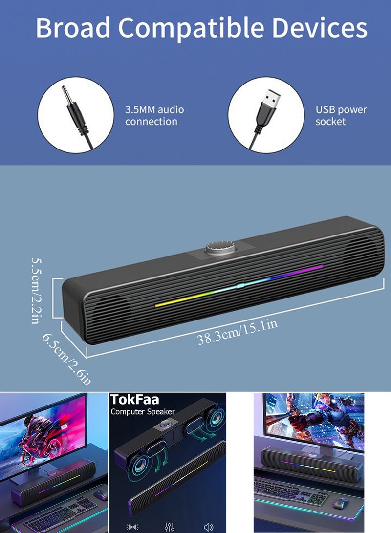TokFaa Computer /Laptop Speakers for PC Desktop Monitor, PC Sound Bar - USB-Powered 3.5mm AUX Plug -n-Play, Superb Stereo Sound, with Gradient RGB Lighting（Black） - Image 2