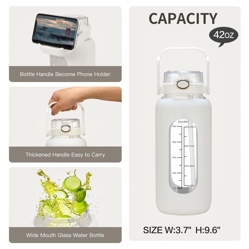chunmo 42oz/52oz/64oz Glass Water Bolttles with Straw Half Gallon Large Motivational Water Bottle with Time Marker Sports Water Bottles with Silicone Sleeve and Handle Lid Water Jug for Gym Workout - Image 3